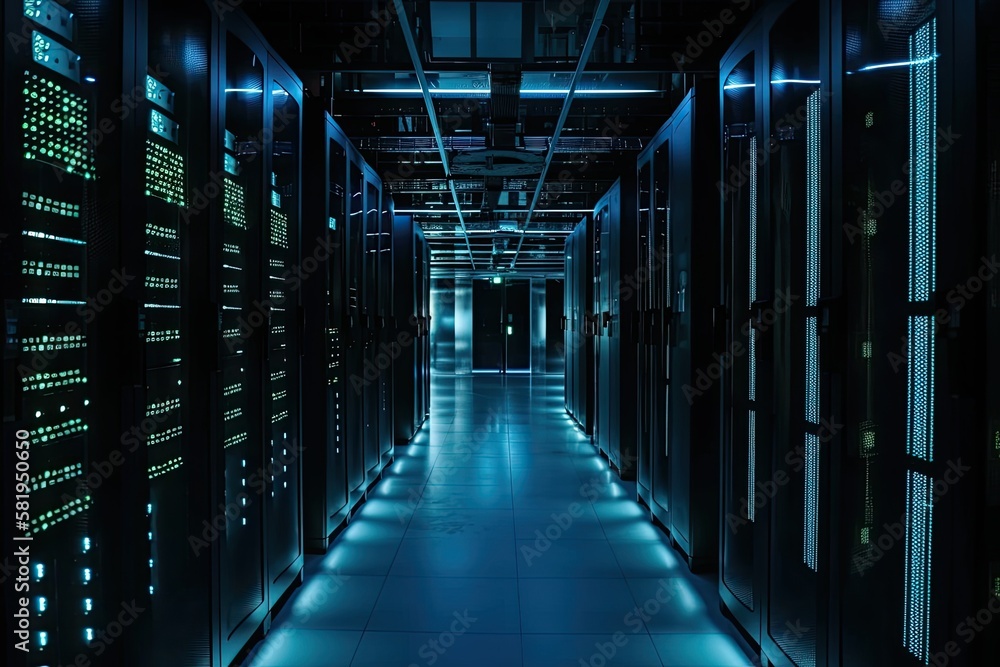 Sticker Modern data center storage's server room is dark and has blue lights. Generative AI