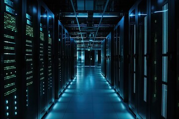 Modern data center storage's server room is dark and has blue lights. Generative AI