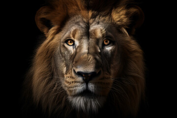 Close-up of lion's face on black background staring directly at camera