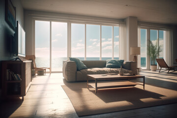 Modern living room with a view of the beach, created with Generative AI Technology