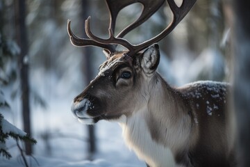 Reindeer in the snow during the winter in Finnish Lapland. Generative AI