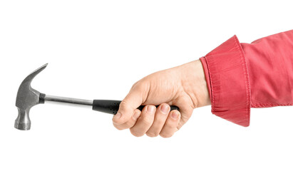Worker with hammer on white background