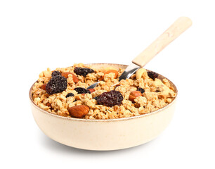 Bowl of tasty granola on white background