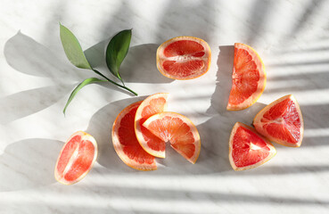 Pieces of ripe grapefruit and plant branch on light background