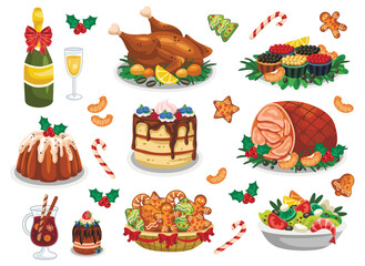 Christmas food set. Traditional festive dishes, desserts and drinks for Xmas dinner. Turkey, ham, caviar, cake, mulled wine and gingerbread. Cartoon flat vector collection isolated on white background