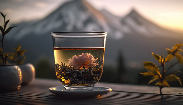 glass cup with herbal tea and flower on the background of the mountain, flower in tea, sunlight