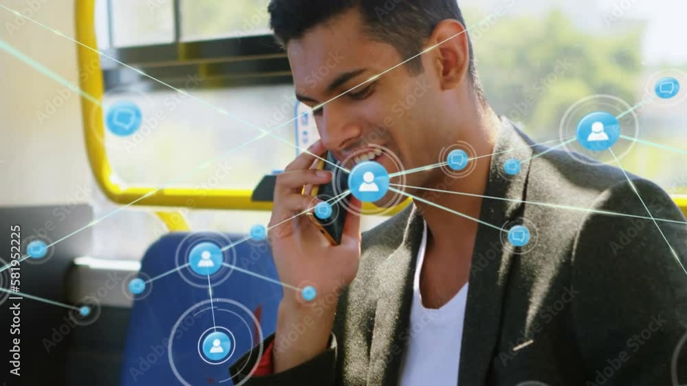 Poster animation of biracial man talking on smartphone in bus over network of connections with icons