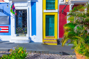 Puerto Rico colorful colonial architecture in historic city center.