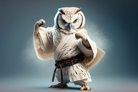 owl in white kimono with black belt doing karate, created with Generative AI technology