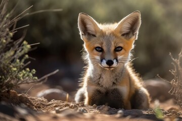 Obraz premium The Cape Fox cub emerges from the borrow to enjoy the sunshine. Generative AI
