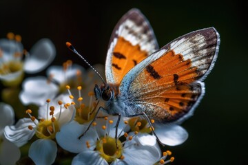 Obraz premium Macro pictures, lovely natural setting. Beautiful butterfly in closeup perched on a blossom in a summer garden. Generative AI