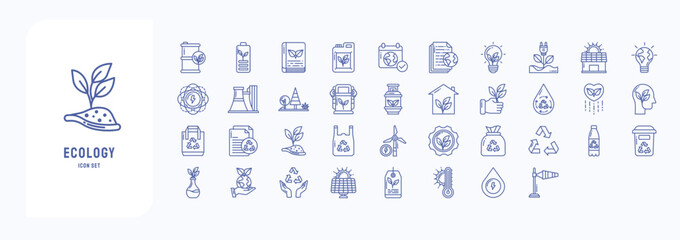 Ecology and environment icon set including icons like Eco, Document, Battery and more