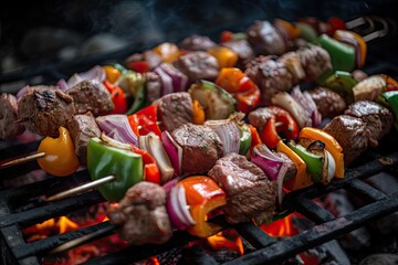 grilling meat and vegetables for kebabs. Generative AI