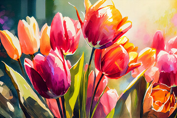 Pink and purple tulips during a sunny day in the multicolored tulip field. Beautiful spring flowers. watercolour illustration