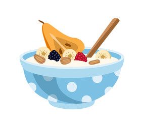 Oatmeal with pear. Milk porridge with banana, nut and strawberry. Healthy eating and proper nutrition. Carbohydrates and proteins. Traditional morning breakfast. Cartoon flat vector illustration