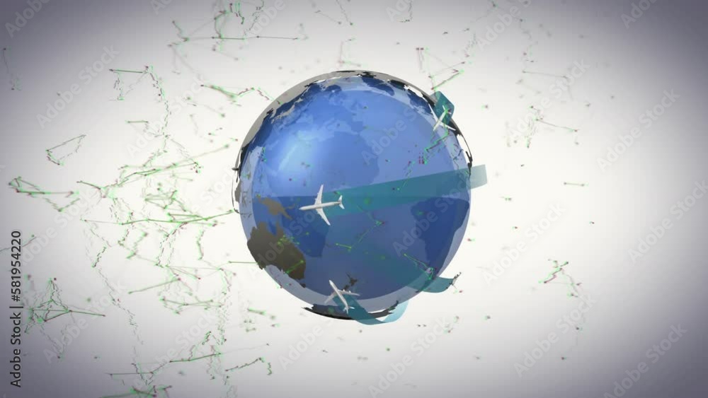 Poster animation of airplanes moving around rotating globe over connected dots against abstract background