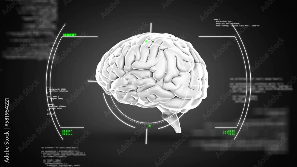 Poster animation of digital human brain in circles over computer language against abstract background
