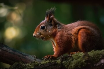 Squirrel (Sciurus vulgaris) in profile perched on a branch, set against a background of green. squirrel in red. European wildlife. Rodent. Forest creatures. Generative AI