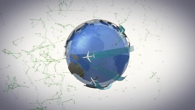 Animation of airplanes moving around rotating globe over connected dots against abstract background