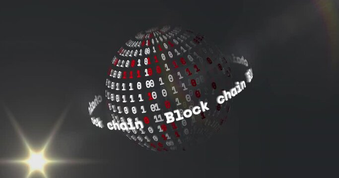 Animation of block chain texts around binary codes forming globe, lens flare on abstract background