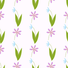 Seamless pattern of spring flowers scylla and plants. Vector flat illustration.