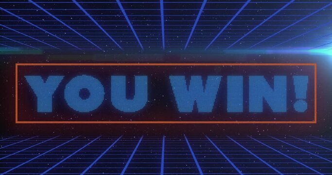 Animation of you win text in rectangle over grid pattern against lens flares and space in background