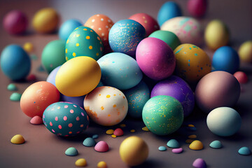 Fototapeta na wymiar colorful easter eggs on a brown surface with confections scattered around them, as if they'reate