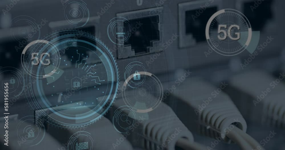 Poster animation of circuit board pattern and padlocks in shield and icons, 5g text, back panel of router