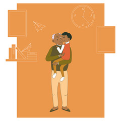 Grandfather With Grandson. Funny Old Man With Walking Cane And With Boy. Colorful Cartoon Vector