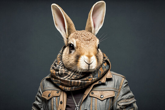 Portrait of Rabbit wearing leather jacket and scarf. Animal wears street fashion. Made with Generative AI