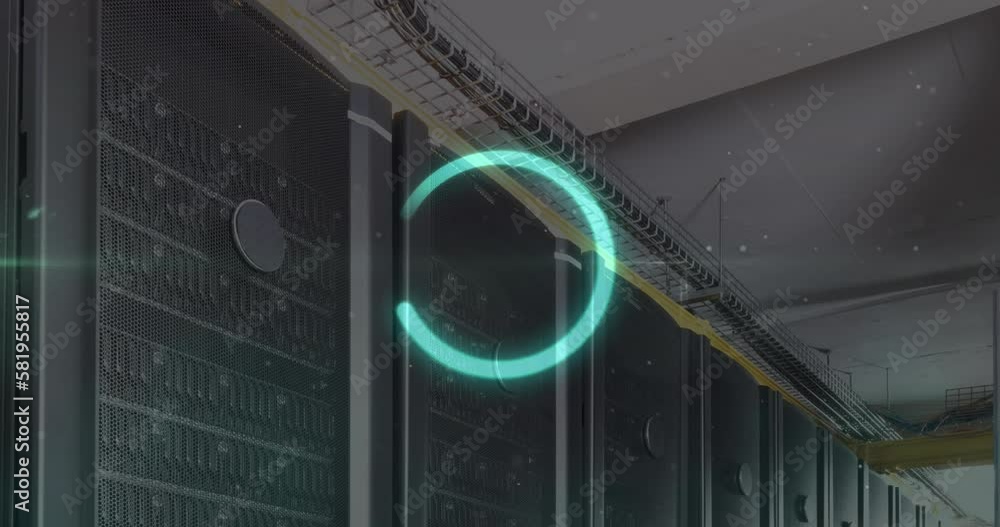 Poster animation of illuminated loading circle over white dots against server room