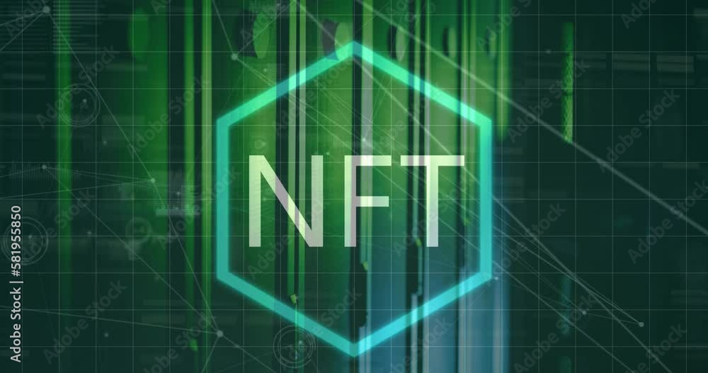 Poster animation of nft text in hexagon over connected dots with graph and soundwaves icons on server room
