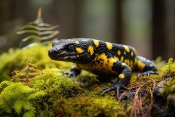 Salamandra salamandra, a fire salamander, is seen squinting from a moss covered tree in a forest. Animal with yellow spots and stripes that is patterned in its natural habitat. Generative AI