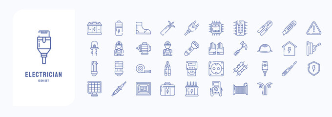 Electrician icon set including icons like Accumulator, Battery, Boots, Cpu and more