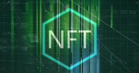 Animation of nft text in hexagon over connected dots with graph and soundwaves icons on server room - Powered by Adobe
