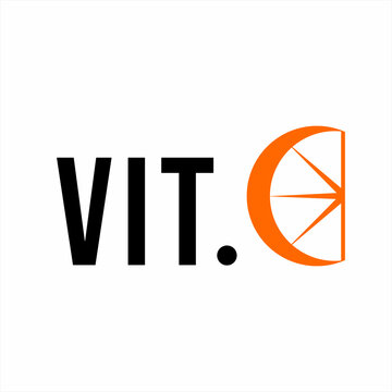 Vit C word design with illustration of cut orange fruit on letter C.