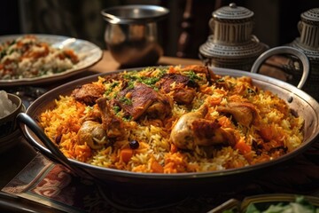homemade Biryani with chicken. Kabsa bowls, a typical Arabic dish, contain meat. looking up. Generative AI