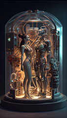 two people standing in front of a glass case with an image of a man and woman on the other side