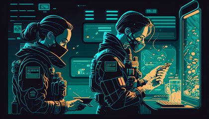 Military scientists working in a laboratory. Researching a virus. Generative AI.