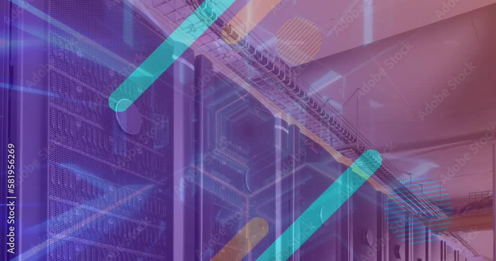 Poster animation of multicolored bars and circles over futuristic tunnel against server room in background