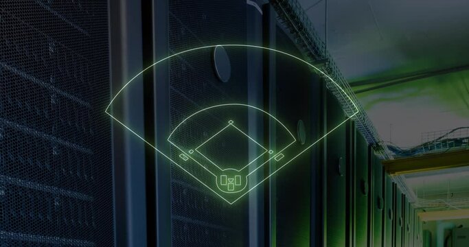 Animation of illuminated baseball field drawing over server room in background