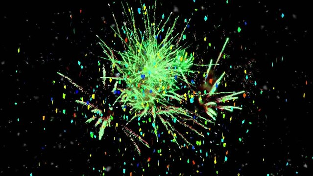 Animation of multicolored fireworks over falling confetti against black background