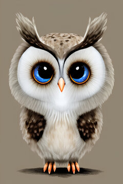 Portrait of a cute owl with blue eyes on a light background. Children's decor, wall art, printed illustration. Generative AI