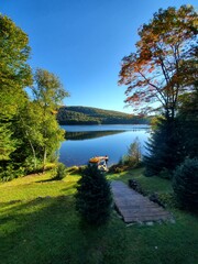 Fototapeta na wymiar Laurentians Quebec lake with mountains and lake in autumn