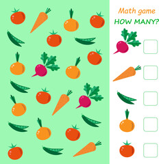 Educational math game for kids. Count how many objects are in the picture. Illustration with vegetables.