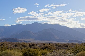 Rugged mountains rise above the desert valleys of Anza Borrego Desert State Park in San Diego County, California