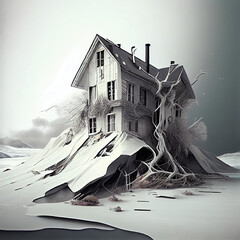 Pencil sketch of a dilapidated house being uprooted from the ground. AI generated.