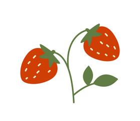 Delicious wild berry. Sticker with sweet forest strawberries on green branch. Plant from woodland. Organic food with vitamins from garden. Cartoon flat vector illustration isolated on white background