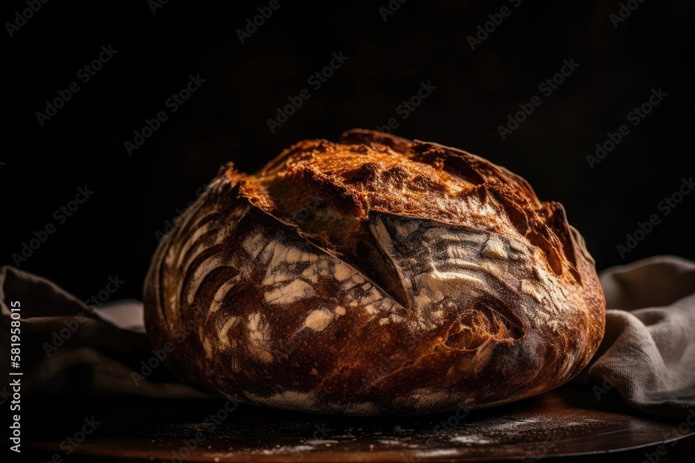 Poster sourdough bread baked at home. Black background with freshly baked sourdough bread. Generative AI