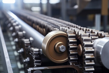 Plakat Gear and chain drive shaft in conveyor chain and conveyor belt is on production line. Generative AI